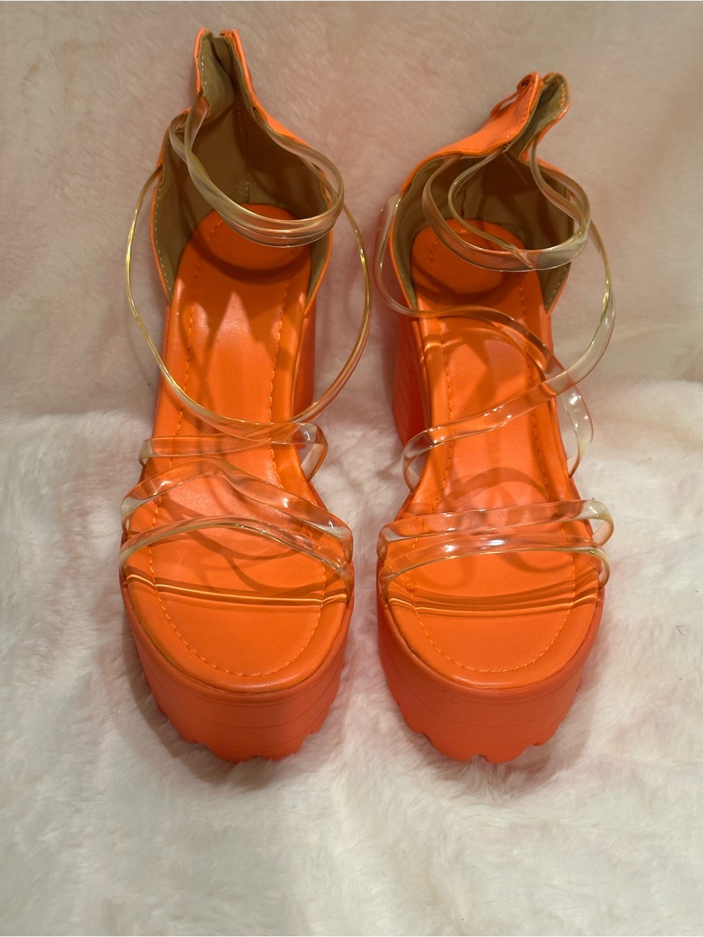 Platform Sandals with Clear Straps - Orange